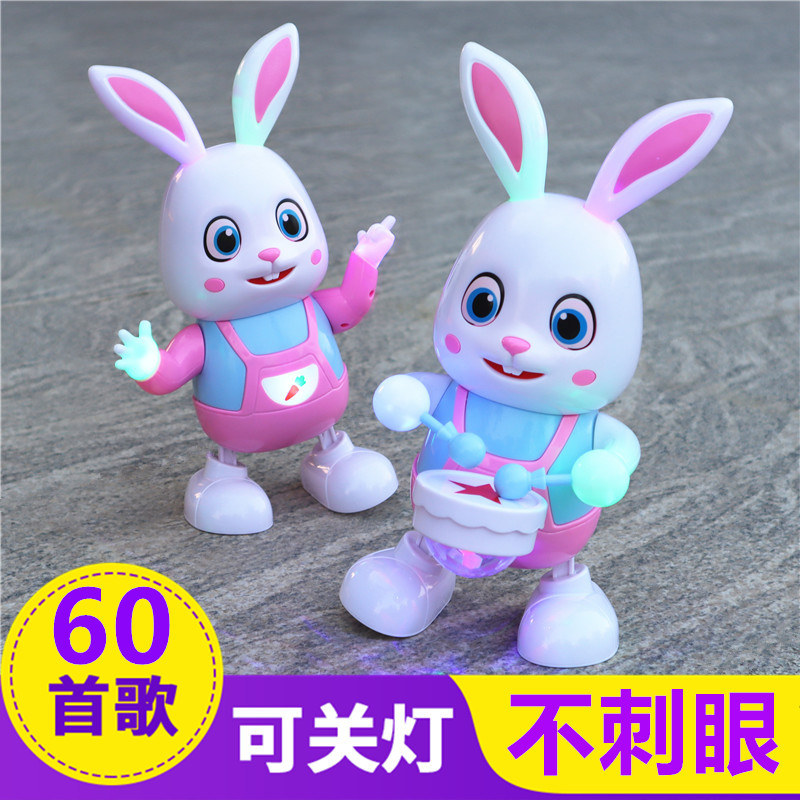 Juguetes de robot de baile eléctrico transfronterizos bebés pueden moverse y tocar tambores y balancearse conejitos interactivos mini juguetes de rompecabezas