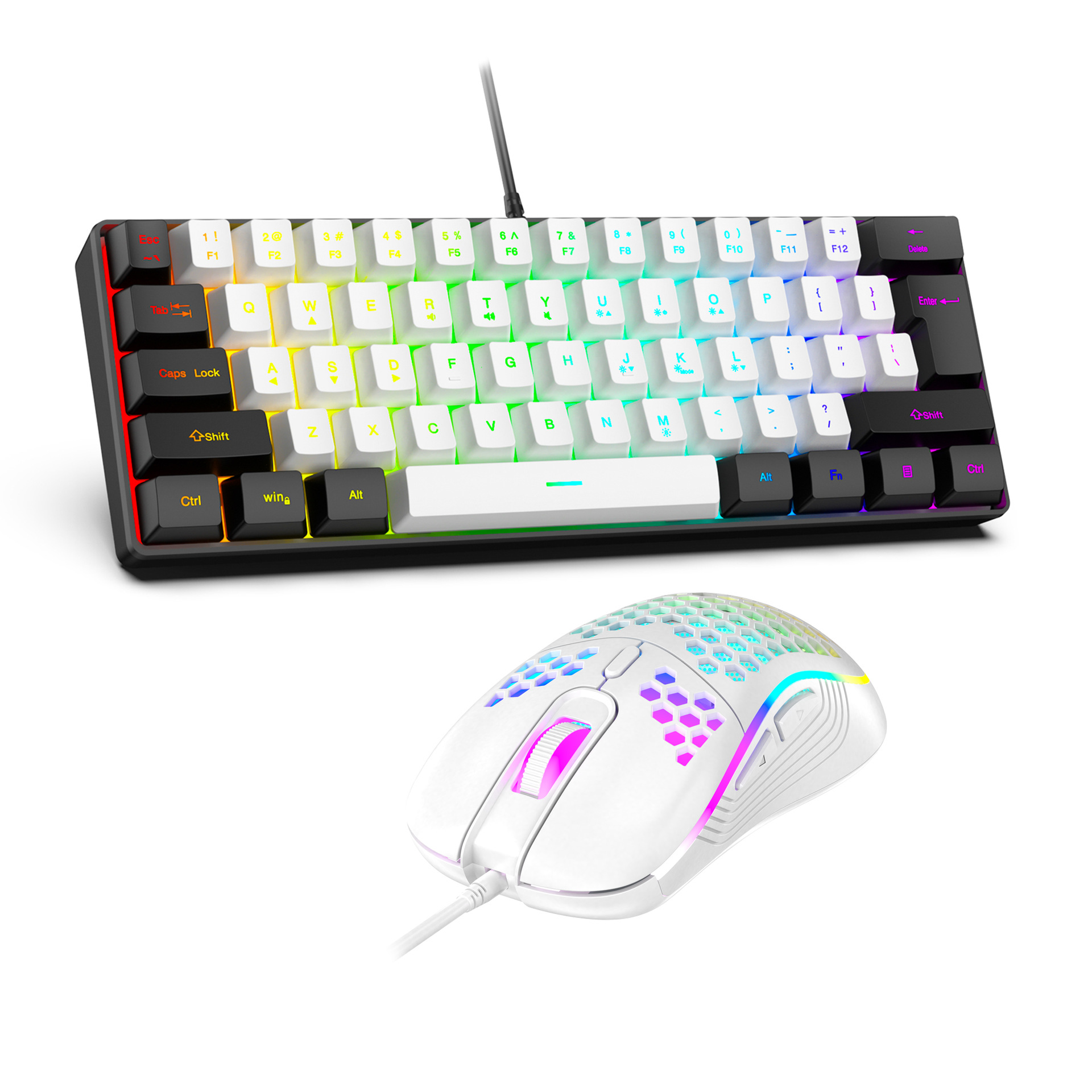 Juego de teclado y mouse con cable para juegos RGB de 61 teclas Teclado de computadora blanco y negro de película no mecánica MINI colorido