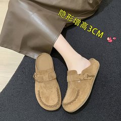 2025新款秋季韩版复古内增高勃肯拖鞋女软皮休闲单鞋大头包头托鞋