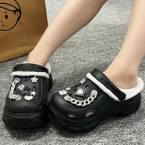 All-matching fashionable furry hole shoes, outer wear girl cotton shoes, autumn and winter new detachable cotton set hole shoes, cotton shoes