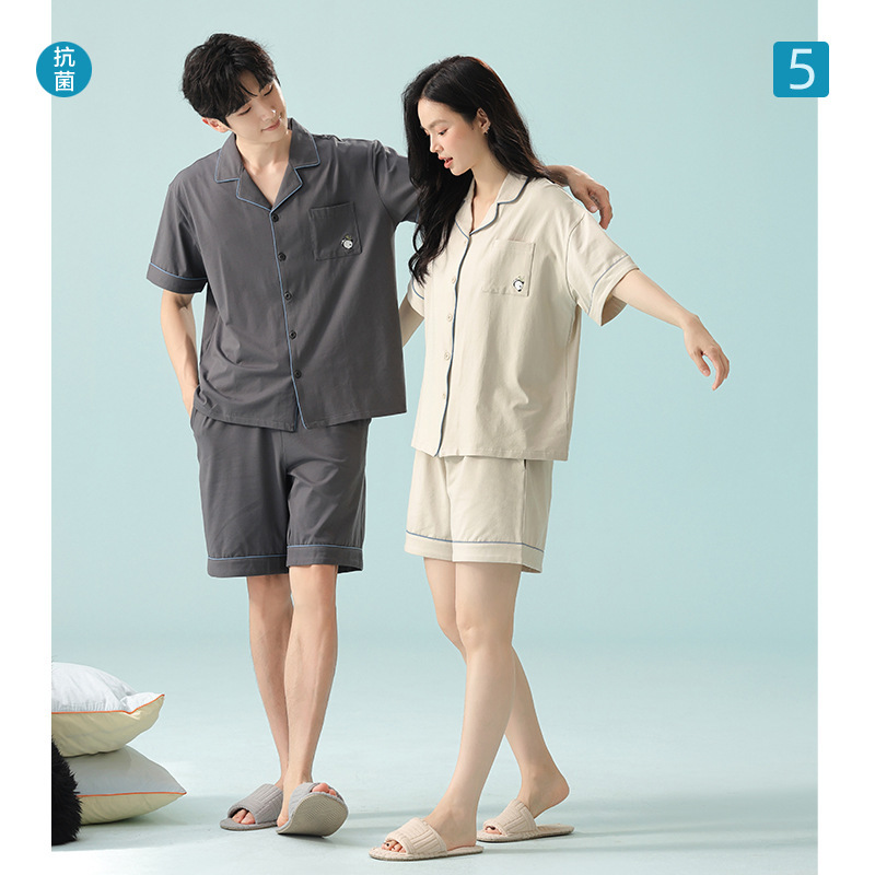 [Antibacterial Cotton] Spring and Summer Pure Cotton Short-Sleeved Couple Pajamas for Women Casual Pure Color Men's Home Wear Set