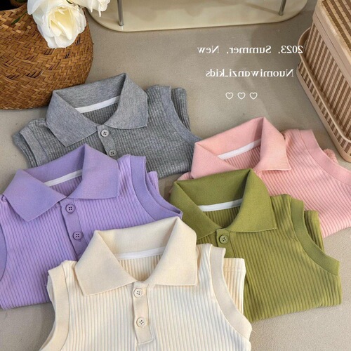 Girls' Summer Vest, Stylish Korean-Style Polo with Turn-Down Collar and Ribbed Design—Perfect for Trendy Kids, Available in Solid Colors, Perfect for Internet Celebrities