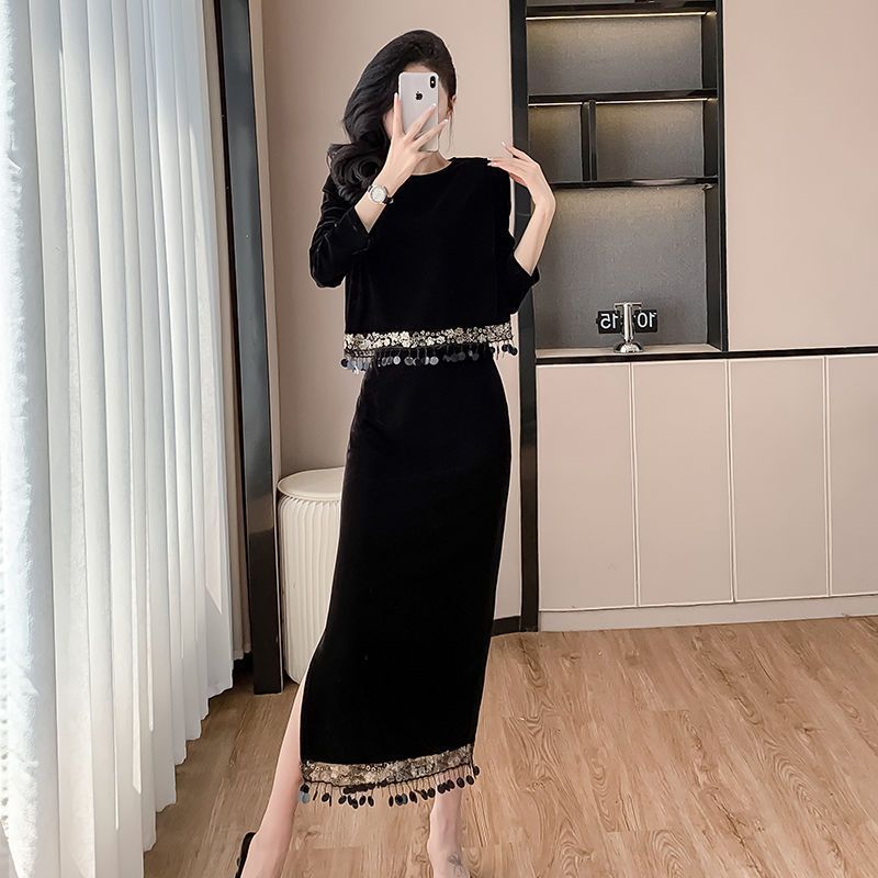 秋冬新款感丝绒时尚两件套气质亮片拼接流苏上衣半身裙套装女|undefined