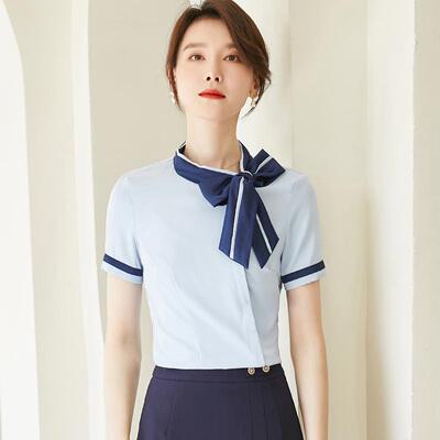 短袖衬衫女夏季时尚通勤气质洋气上衣工装蓝色衬衣职业套装工作服