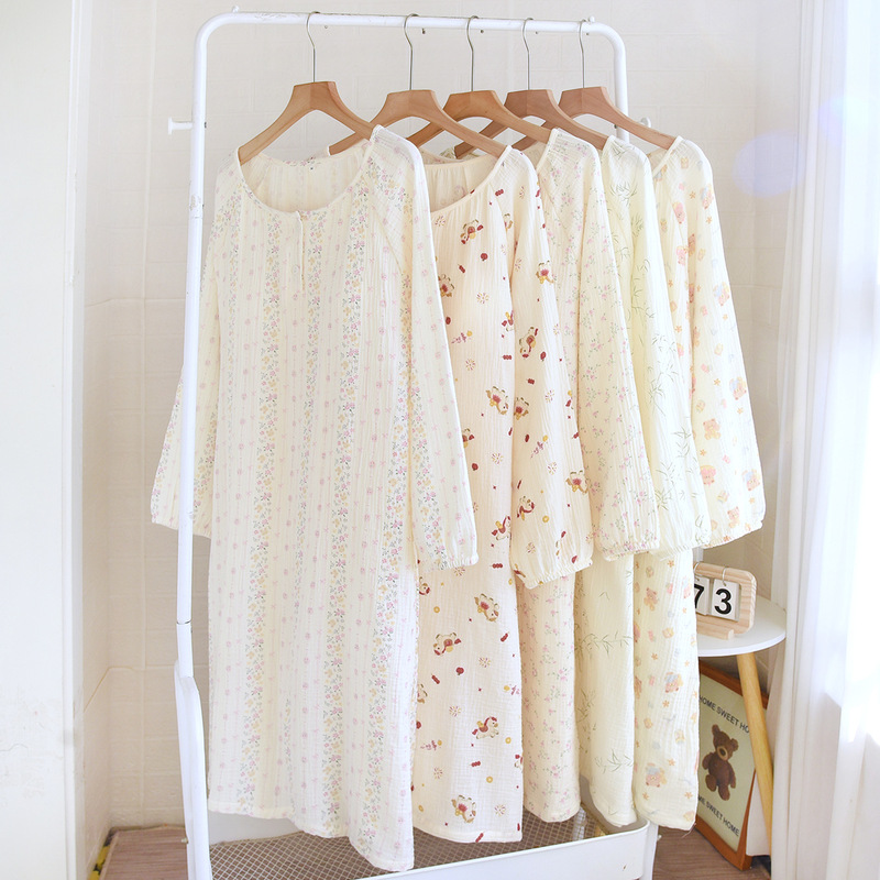 Women's Pure Cotton Long-Sleeved Nightgown, Spring and Autumn Style, Can Be Worn Outside, Long Dress with Chest Pads, Home Dress, Wholesale from Manufacturer