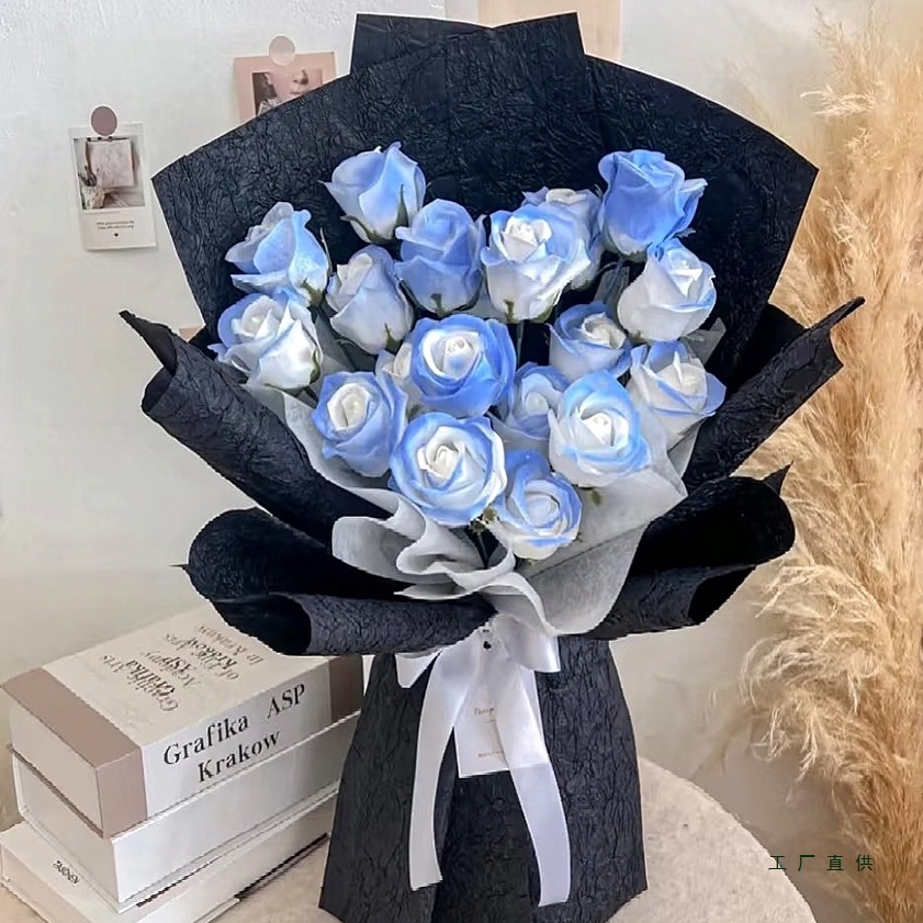 Crushed Ice Blue Fresh Immortal Flower Rose Bouquet Simulated Soap Flower for Boyfriend's Birthday Valentine's Day Birthday Gift