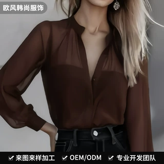 欧美半透雪纺长袖衬衫女小立领V门襟单排扣宽松垂感通勤气质衬衣