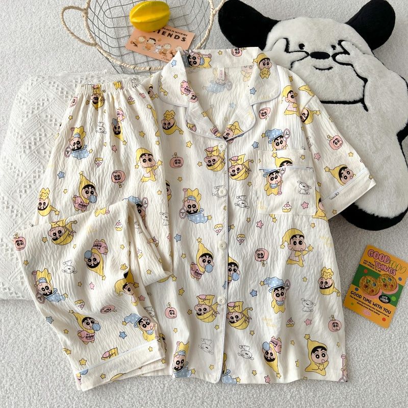 Al por mayor transfronterizo verano nubes pijamas de algodón de mangas cortas pantalones cardigan con solapa ropa de hogar lindos dibujos animados se pueden usar fuera