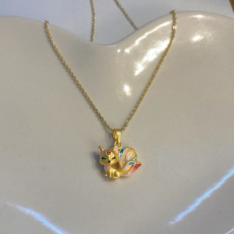 Seven-Colored Nine-Tailed Fox Pendant Necklace, Large-Tailed Fox Collarbone Chain for Attracting Romance