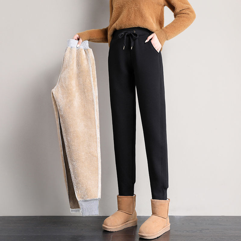 加绒加厚运动裤女秋冬外穿羊羔绒卫裤女宽松束脚哈伦裤休闲裤子女