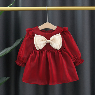 Girls mesh dress autumn new children princess dress Western style bow children's solid color children's clothing wholesale