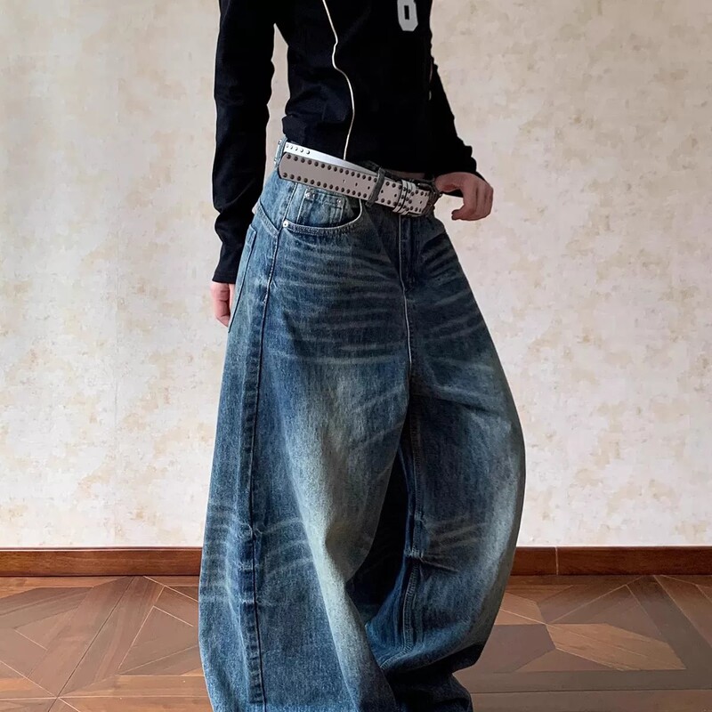 American-Style Washed Vintage Whiskered Wide-Leg Jeans for Women, Loose Fit, Slimming, Versatile, Floor-Length Pants