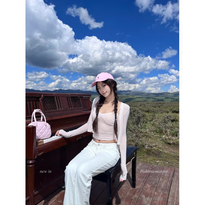 辣妹套装粉色条纹短款开衫外套女早秋蕾丝吊带背心上衣两件套|undefined