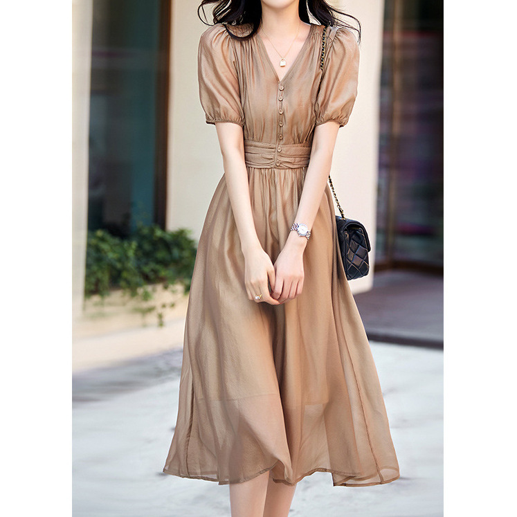 Pearlescent and Lustrous Tencel Dress with Puff Sleeves, 2026 Summer New Women's Fashion, V-Neck Long Mesh Skirt