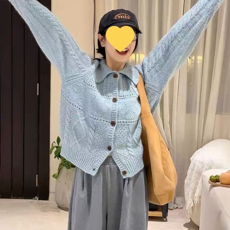 复古花线翻领针织开衫外套女秋冬季新款宽松百搭毛衣上衣厚蓝色|undefined