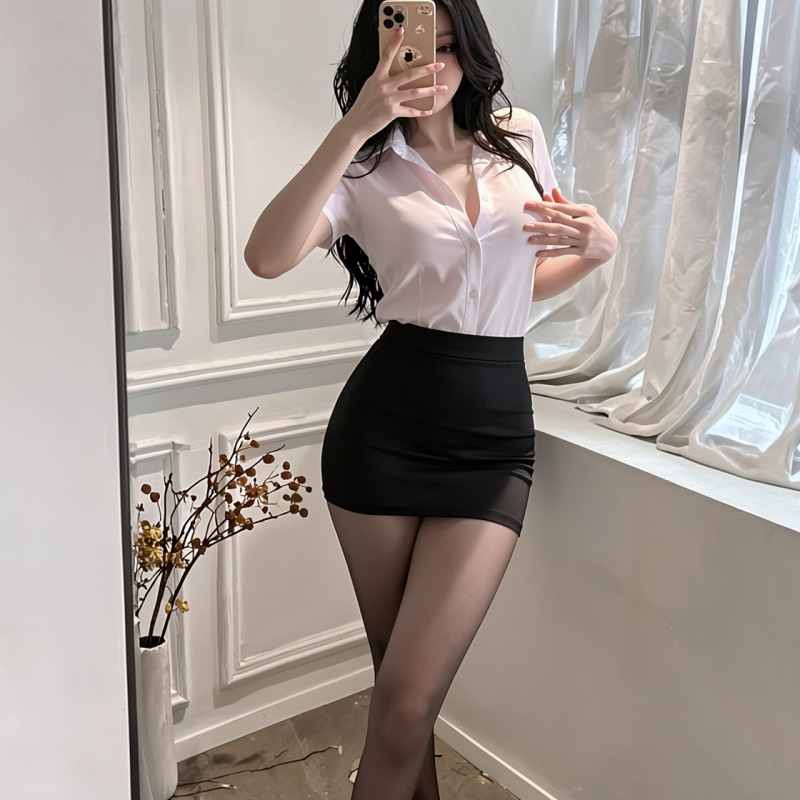 Women's sexy lingerie black mini skirt paired with 2026 pure desire style secretary uniform set, sexy shirt and bodycon skirt