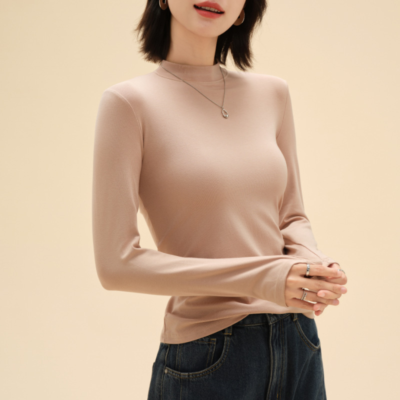 莫代尔棉长袖百搭修身显瘦圆领磨毛打底上衣女外穿小立领打底衫|undefined