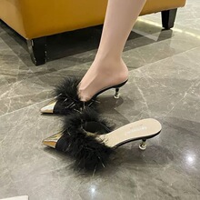 毛毛高跟凉拖鞋女时尚外穿2026新款百搭尖头细跟包头穆勒半拖鞋女