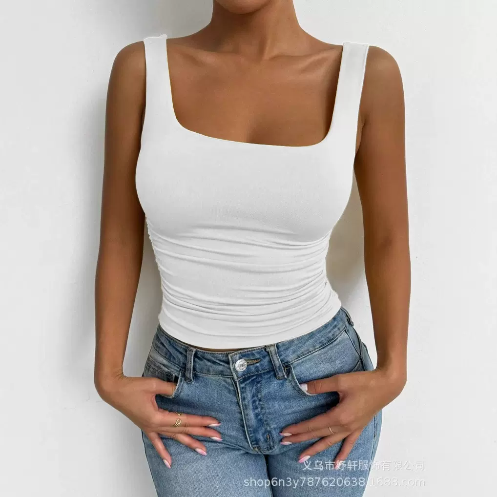 2025欧美跨境女士无袖吊带背心方领修身百搭休闲抹胸上衣女外穿