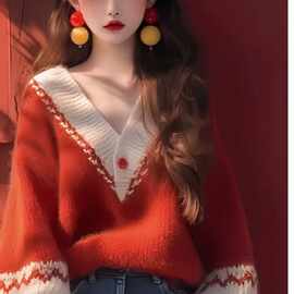 春秋新款慵懒风感复古圣诞毛衣软糯灯笼袖领红色针织上衣女