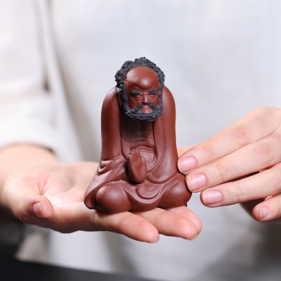 宜兴紫砂悟禅朱泥达摩摆件人物雕塑禅意可养茶玩茶道配件工艺礼品