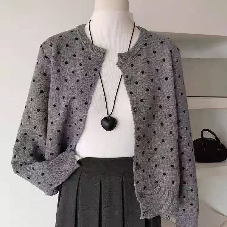 Korean Polka Dot Round Neck Knitted Cardigan for Women Autumn and Winter New Korean Age-Reducing Versatile Slim Sweater Jacket
