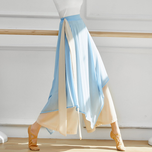 Irregular double-layered chiffon culottes with streamers, modern and antique performance female dance practice wide-leg pants, classical dance clothing