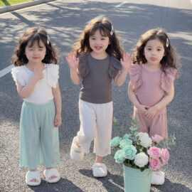 淑女蕾丝边短袖2026夏装女童韩版甜美飞袖坑条T恤简约文艺两件套