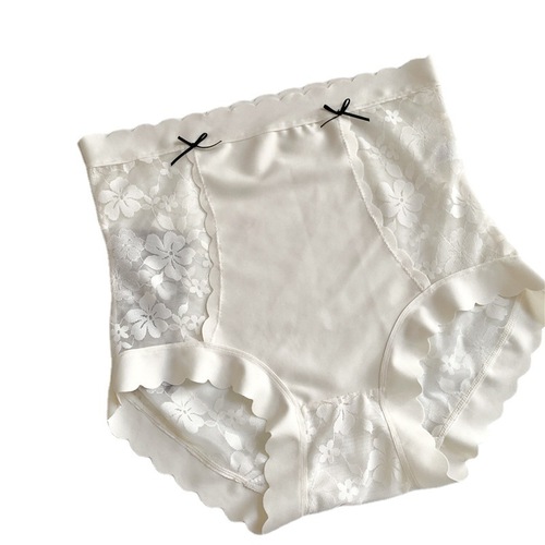 Spring and summer high-waisted belly-control women's sexy lace underwear women's silk bottom crotch breathable large size buttocks shaping briefs