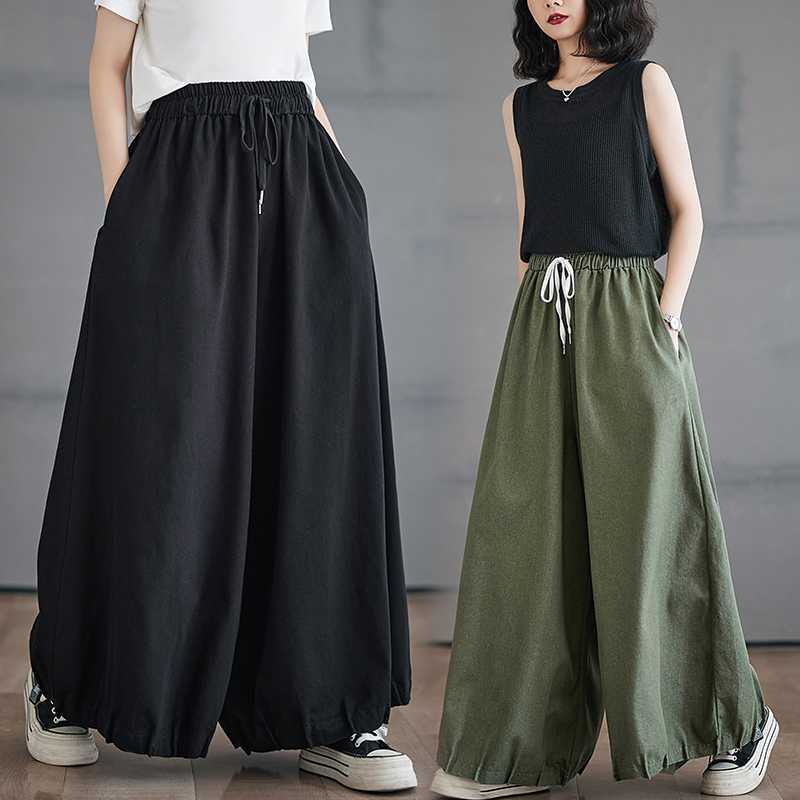 Elastic Waist Solid Color Denim High-Waisted Wide-Leg Pants for Women, Loose, Flesh-Covering, Slimming Look, Casual Bloomers and Culottes