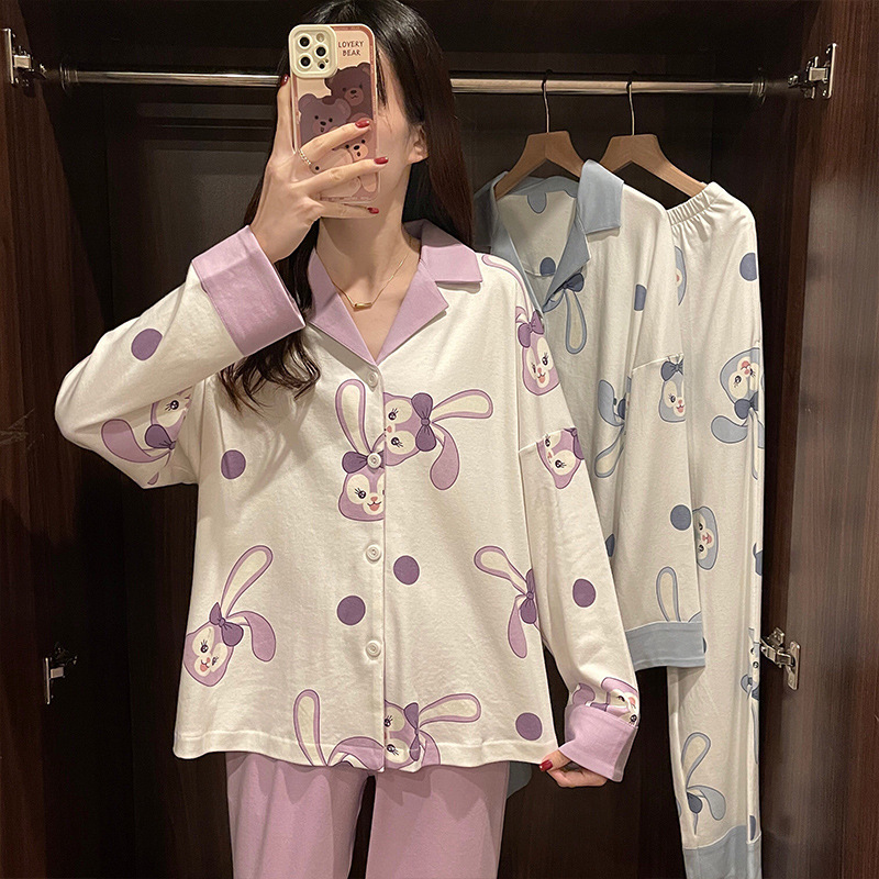 春と秋のパジャマの女性の綿の長袖のかわいい高級感の線の熊のカーディガンの大きいサイズの冬の部屋の服のスーツ|undefined