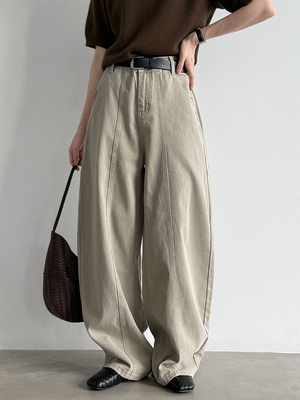Luxi High-Waisted Wide-Leg Split-Line Jeans with Belt for Women, Fall 2026, Relaxed Fit, Slimming Casual Pants W68505