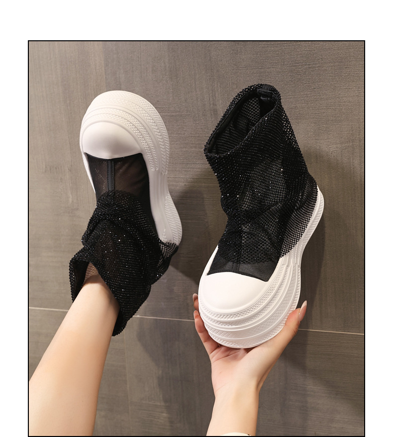 Boot cổ thấp nữ đế dày tăng chiều cao, lưới thoáng khí đính đá rhinestone — màu đen, màu trắng chi tiết 13