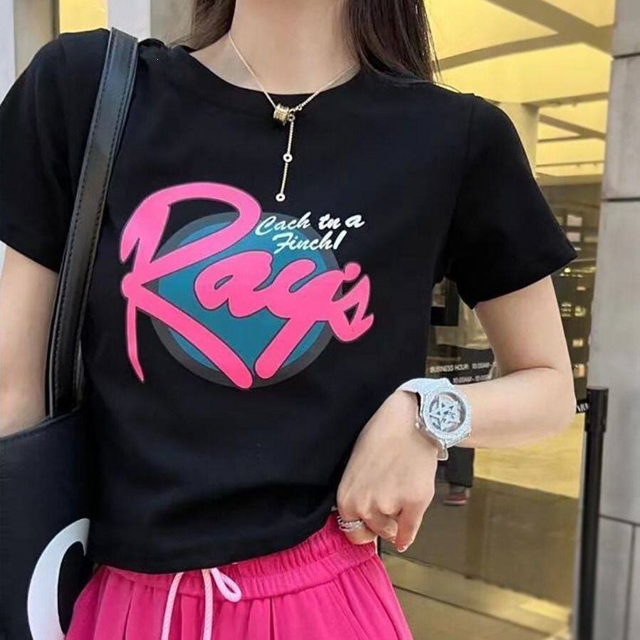 纯棉短袖玫红R字母短袖t恤女新款夏季黑色甜美显瘦辣妹修身上衣装