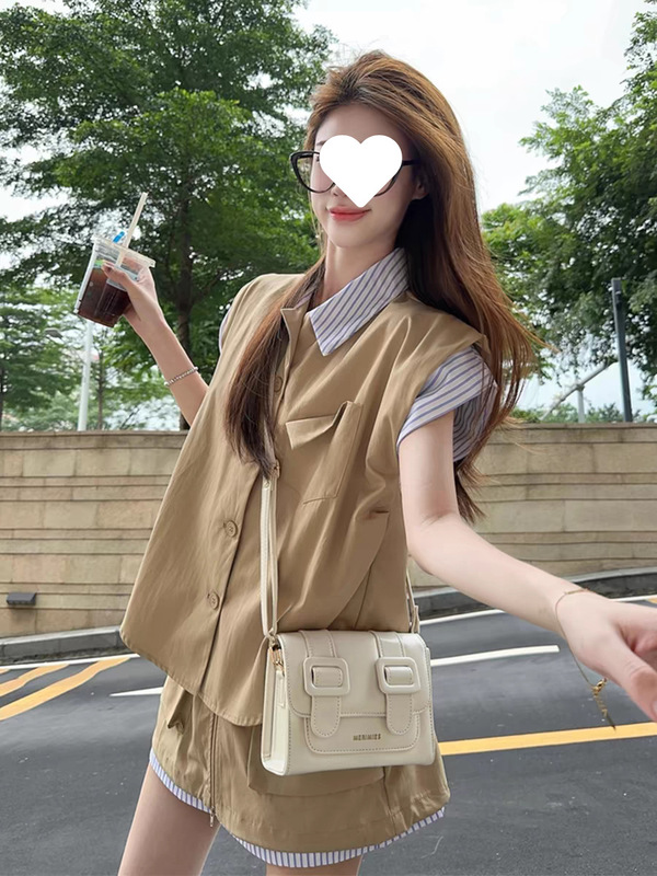 港风复古运动套装女夏季宽松时尚假两件衬衫短袖短裙休闲两件套潮|undefined
