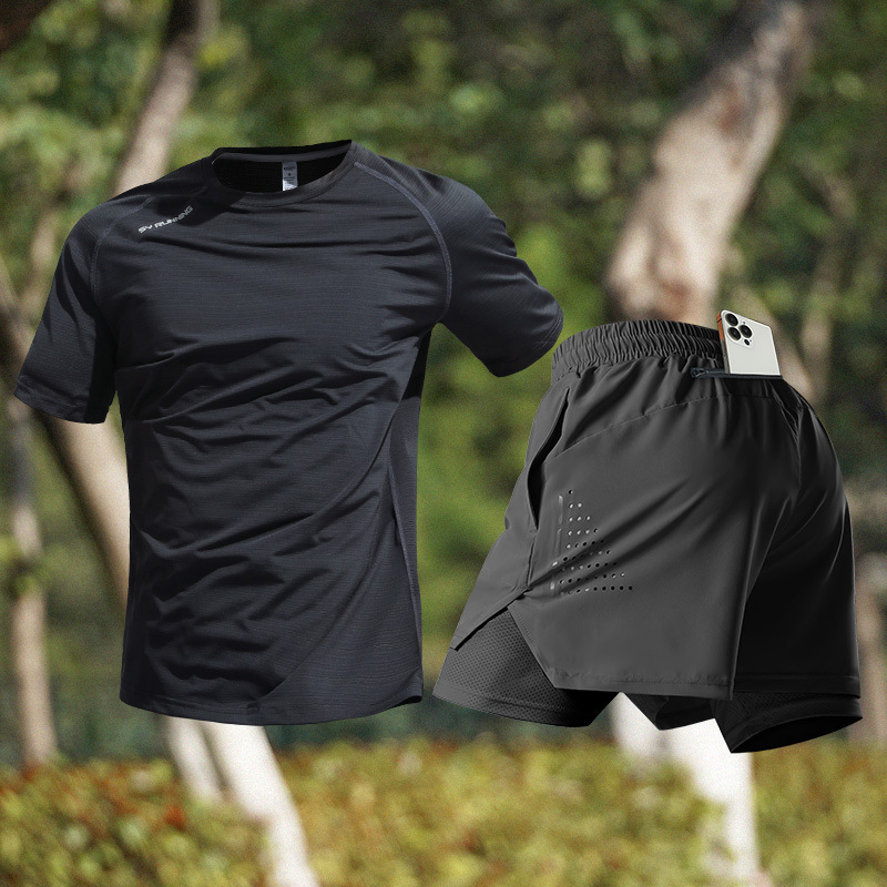 スポーツスーツメンズアイスシルクTシャツ夏薄手速乾半袖トレーニングランニング用品フィットネス服新しいスタイル|undefined