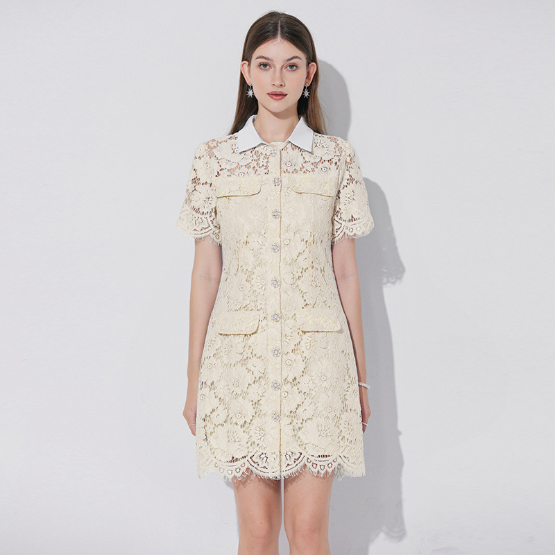 apricot Lace Shirt dress Women's 2025 Summer New Doll Collar Short-sleeved Slim-fit Mid-length Dress apricot Lace Shirt dress Women's 2025 Summer New Doll Collar Short-sleeved Slim-fit Mid-length Dress