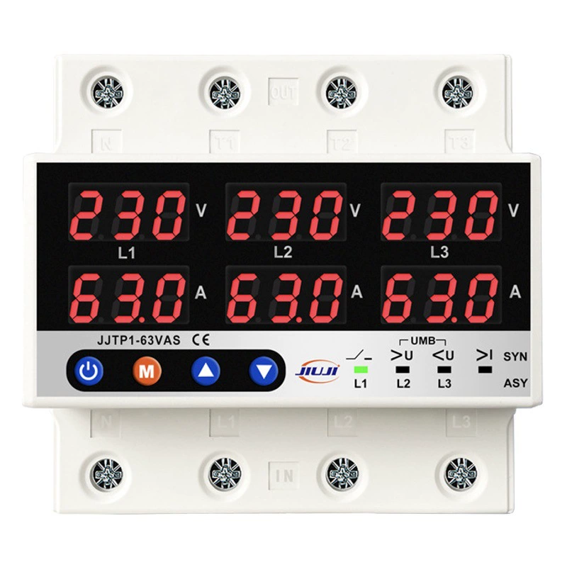 Самодуплексный самодуплексный цифровой дисплей с трехфазной регулируемой защитой от перенапряжения и пониженного тока, ограничивающей перегрузку 63 А, отсутствует нулевая фаза 220 В