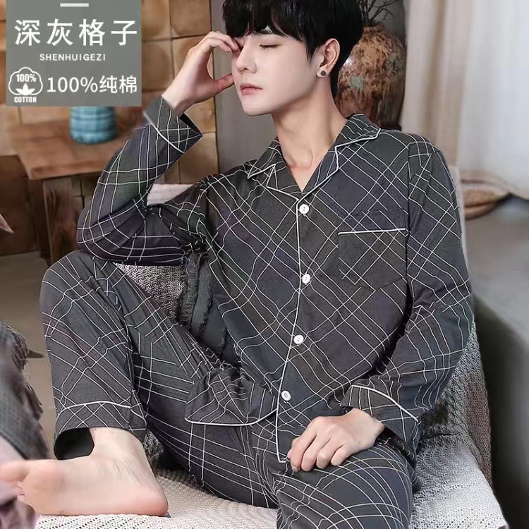 Pijamas de algodón para hombres primavera y otoño de manga larga juventud de mediana edad suelta grande se puede usar fuera del conjunto de ropa de casa