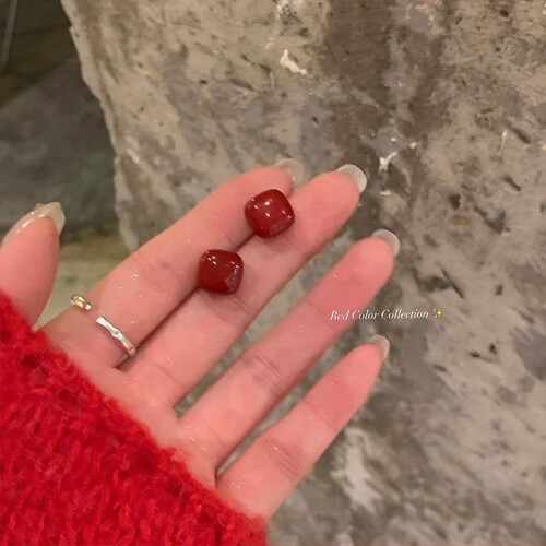 Chinese style ancore red square pearl earrings light luxury niche high-end simple geometric earrings earrings