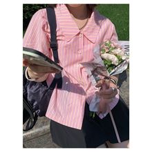 粉黄条纹短袖v领显瘦衬衫粉嫩少女不易皱