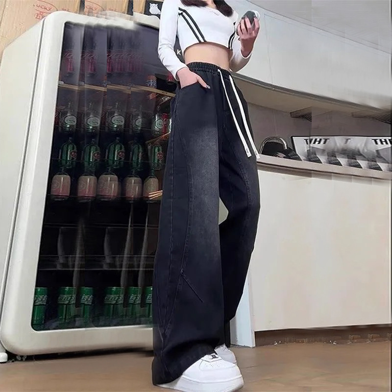黑色设计感美式斜切明线牛仔裤秋季小众设计微喇裤子潮牌痞帅长裤|undefined