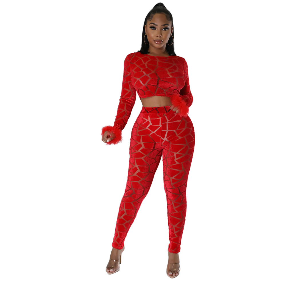 Abbigliamento da donna, top corto a maniche lunghe con pantaloni a matita aderenti, set alla moda in due pezzi_voghion.com