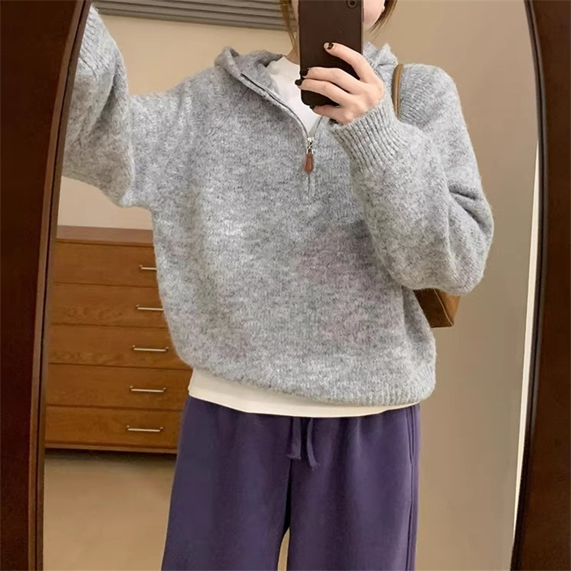 设计感半拉链套头连帽毛衣女秋冬新款韩系宽松纯色软糯气质针织衫|undefined