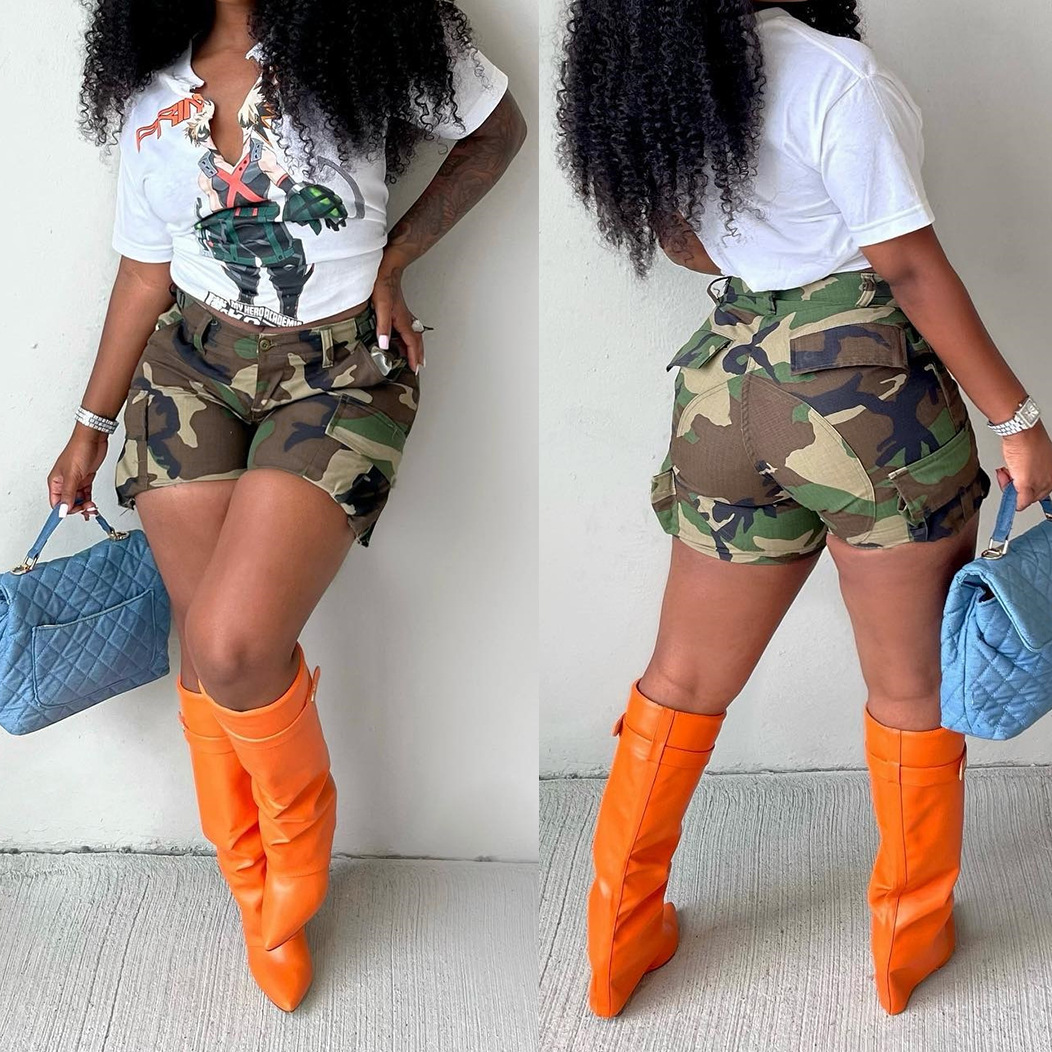 2107 European and American best selling women's clothing street fashion street style camouflage patch bag stitching high waist casual shorts hot pants summer women