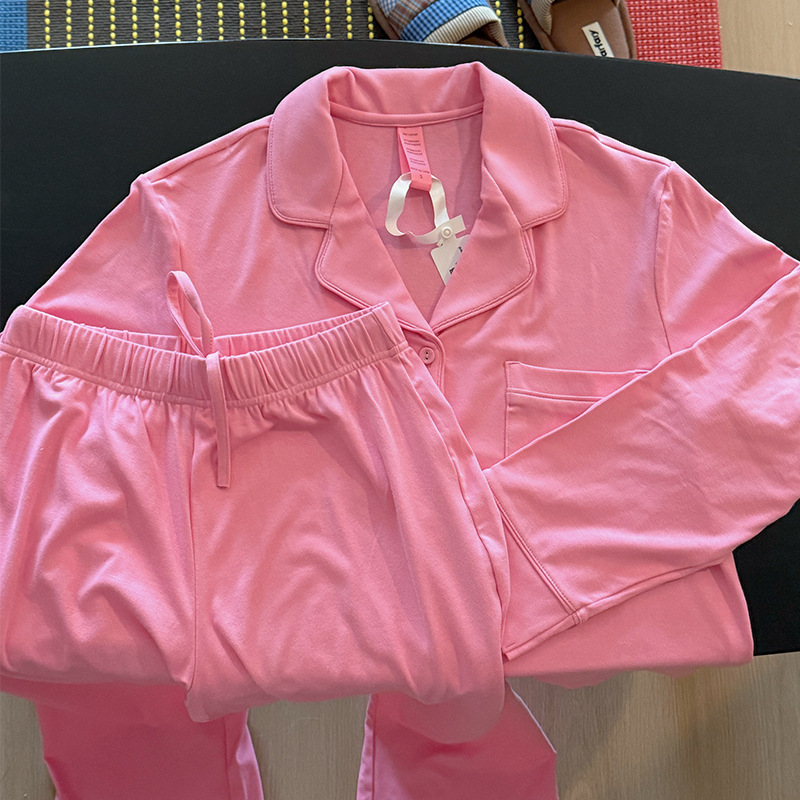 Niche Design Skims-Style Modal Pink Spring/Summer Women's Long-Sleeve Long-Pants Pajama Set, Light Luxury Loungewear