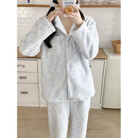 韩国ins冬季新款毛毛睡衣女韩系家居服套装