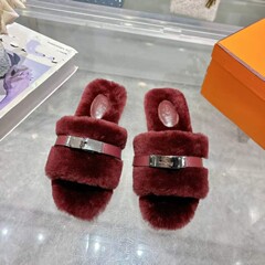 秋冬新款广州真毛羊毛H家二舅勃肯小金扣加绒保暖女鞋毛毛拖鞋