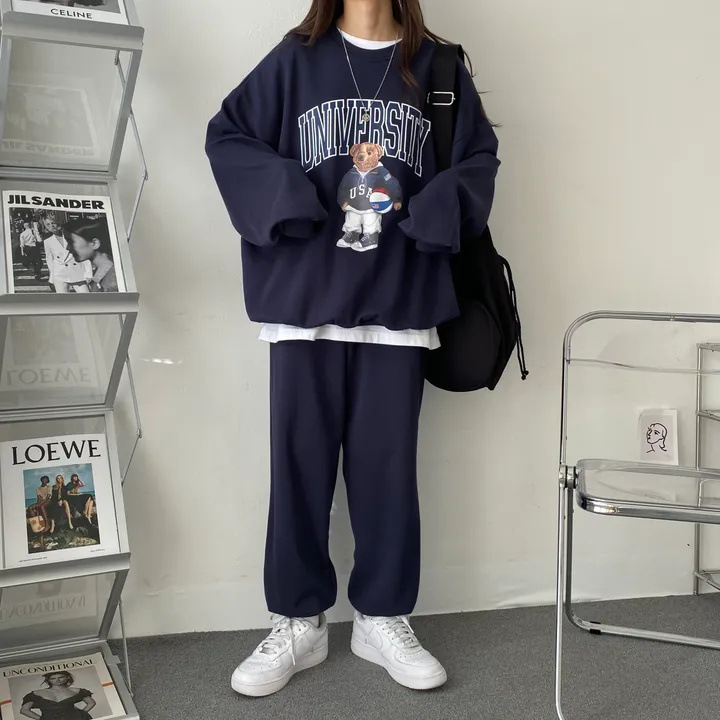 Foreign trade suit women's two-piece cartoon cute fleece-lined spring, autumn and winter thin casual Korean style pants loose Foreign trade suit women's two-piece cartoon cute fleece-lined spring, autumn and winter thin casual Korean style pants loose