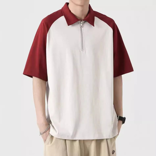 Summer 2025 Trend Collared Loose Short Sleeve Men's Fashion Colorblock Half Zip Polo Shirt Casual T-Shirt